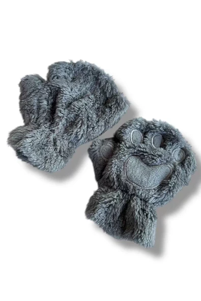 Mars Baby Kız Erkek Çocuk Parmaksız Patili Gri Peluş Eldiven - 2