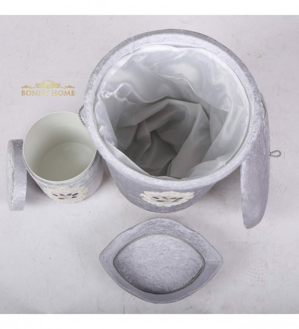 Bonny Home Shems Gri 3lü Kadife Çeyizlik Dantelli Banyo Kirli Çamaşır Sepeti Seti - 2