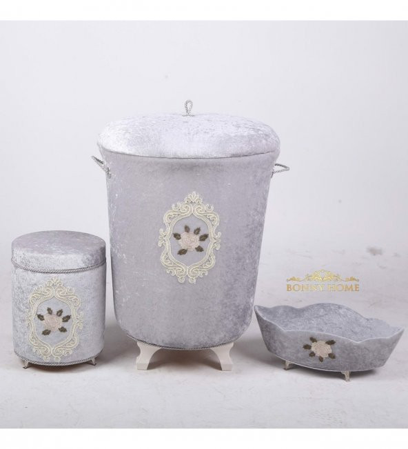 Bonny Home Shems Gri 3lü Kadife Çeyizlik Dantelli Banyo Kirli Çamaşır Sepeti Seti - 3