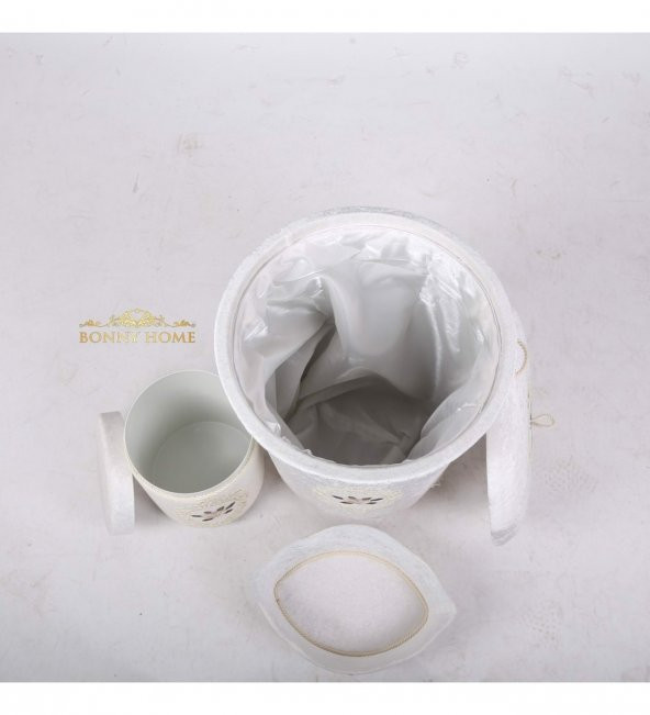 Bonny Home Shems Krem 3lü Kadife Çeyizlik Dantelli Banyo Kirli Çamaşır Sepeti Seti - 2