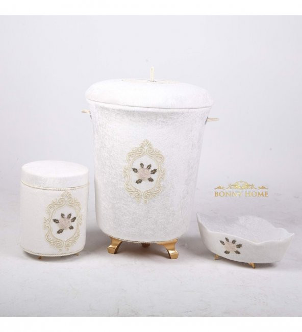 Bonny Home Shems Krem 3lü Kadife Çeyizlik Dantelli Banyo Kirli Çamaşır Sepeti Seti - 3