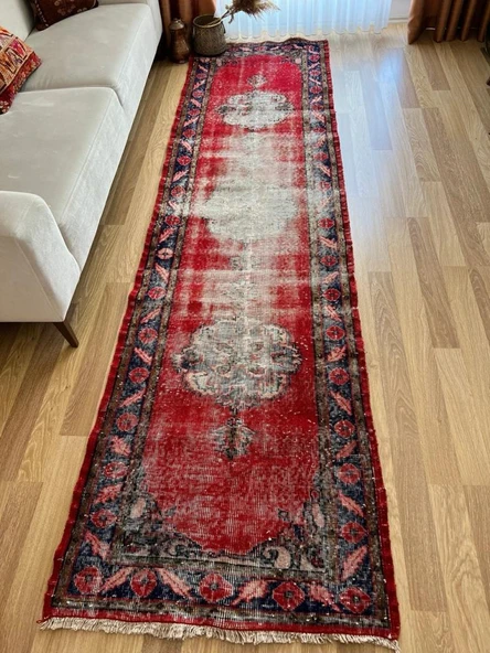 88x336 cm Antika Yolluk, Vintage Uzun Koridor Halısı, Kırmızı El Dokuma Anadolu Yolluk