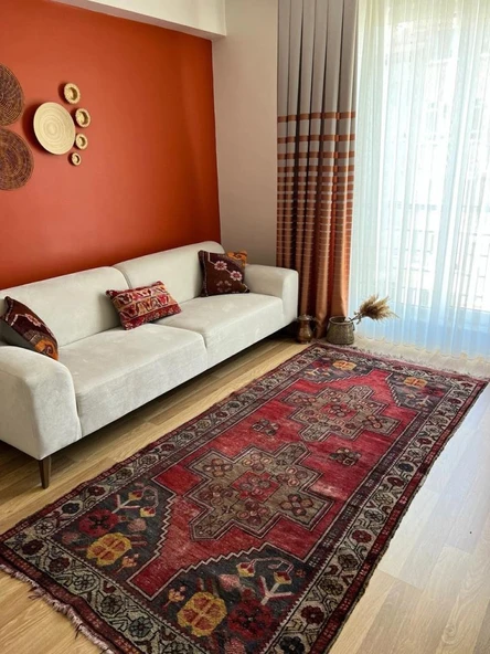 128x257 cm El Dokuma Nostaljik Halı, Harika Dekoratif Salon Halısı, Antika Severler için Kırmızı Halı, Uşak Halısı - 2