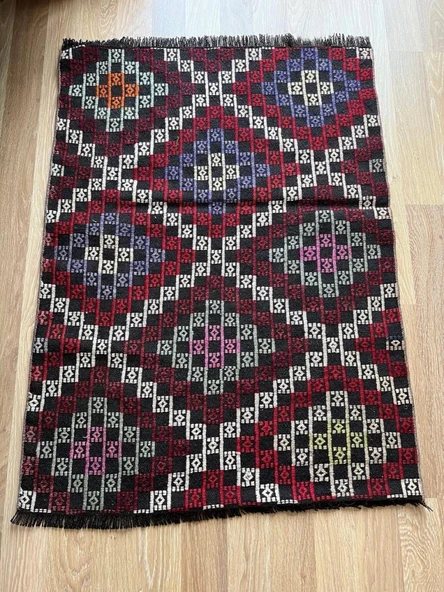 90x122 cm Geometrik Desenli Vintage Kilim, Boho Tarzı Renkli Kilim, Küçük Dekoratif El Dokuma Kilim