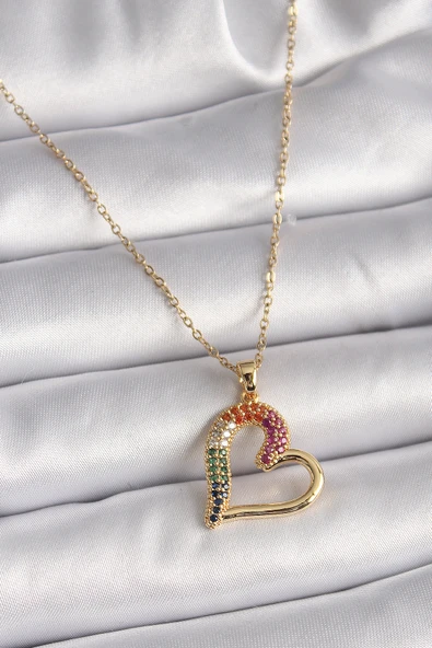 316L Çelik Gold Renk Zincir Renkli Zirkon Taşlı Kalp Model Kadın Kolye - TJ-BKO9503