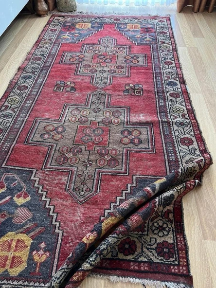 128x257 cm El Dokuma Nostaljik Halı, Harika Dekoratif Salon Halısı, Antika Severler için Kırmızı Halı, Uşak Halısı - 7