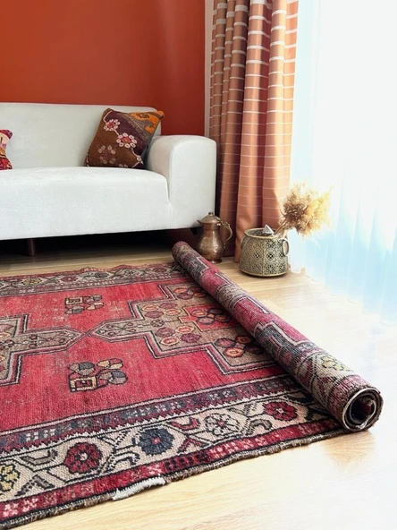 128x257 cm El Dokuma Nostaljik Halı, Harika Dekoratif Salon Halısı, Antika Severler için Kırmızı Halı, Uşak Halısı - 3