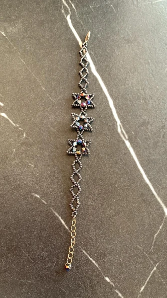 Koyu Hologram ve Antrasit Renkli Yıldız Desenli Miyoki Boncuk Bileklik El Yapımı Hediyelik - 5