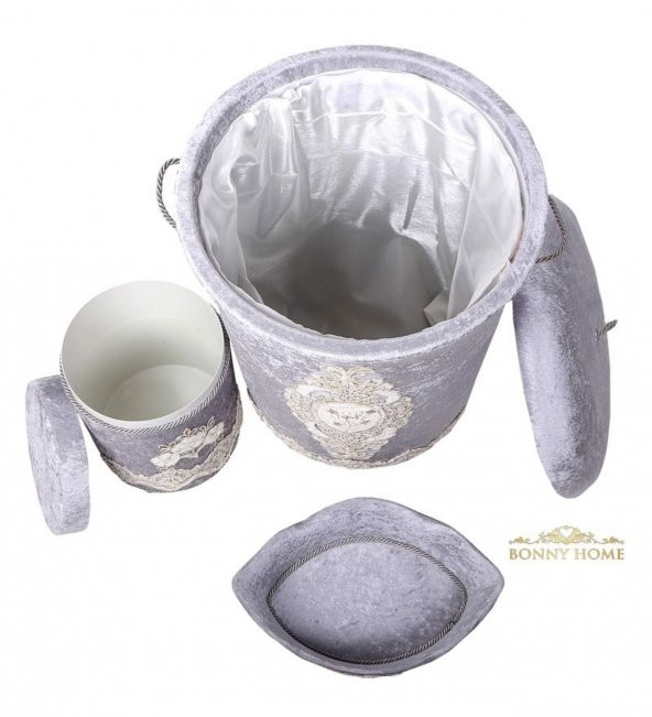 Bonny Home Lisa Gri 3lü Kadife Banyo Kirli Çamaşır Sepeti Seti - 2