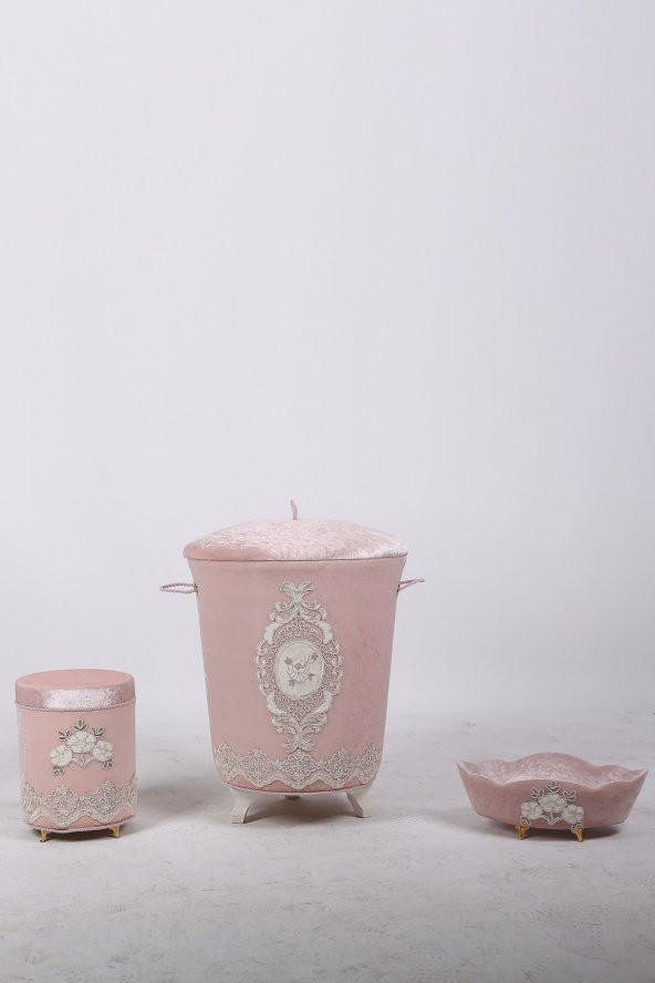 Bonny Home Lisa Pudra 3lü Kadife Banyo Kirli Çamaşır Sepeti Seti - 3