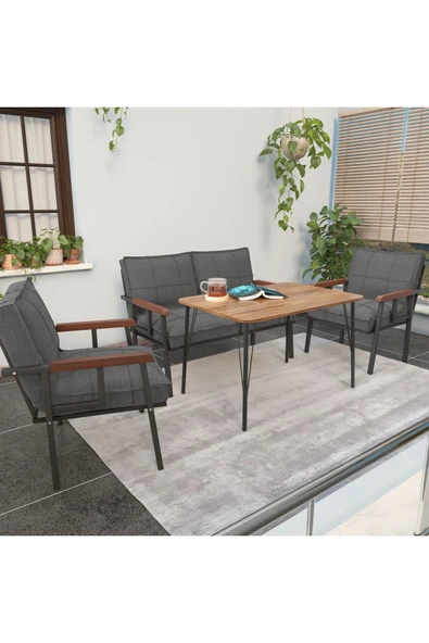 Mygusi Modern Balkon, Bahçe, Cafe - Metal Kanepe Koltuk Takımı - 2+1+1 Masa