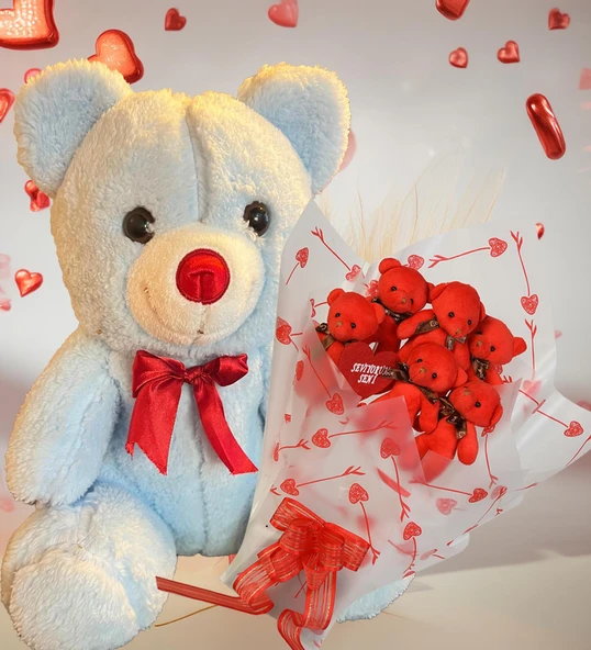 Sevimli 35 cm Peluş Ayı ile Premium Yumoş Kırmızı Peluş Ayıcık Buketi - 10