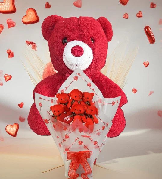 Sevimli 35 cm Peluş Ayı ile Premium Yumoş Kırmızı Peluş Ayıcık Buketi - 4