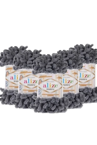 Alize Puffy El Örgü Ipi 5 Adet Koyu Gri El Örgü, Panduf Battaniye Ipi Atkı Hırka Paspas Ipliği