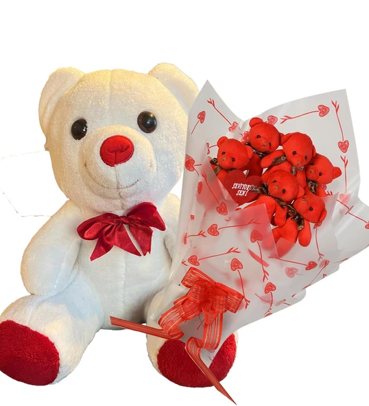 Sevimli 35 cm Peluş Ayı ile Premium Yumoş Kırmızı Peluş Ayıcık Buketi - 6