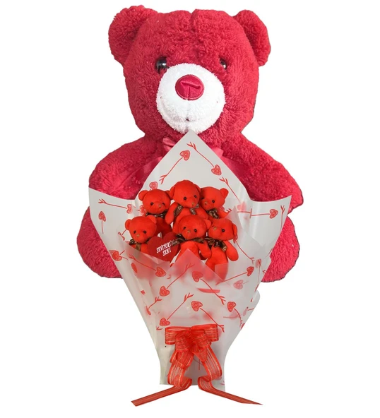Sevimli 35 cm Peluş Ayı ile Premium Yumoş Kırmızı Peluş Ayıcık Buketi