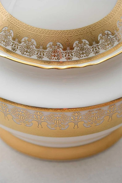 Acar 6262 Helena 60 Parça Bone Chına Emboss Gold 12 Kişilik Yemek Takımı - 6