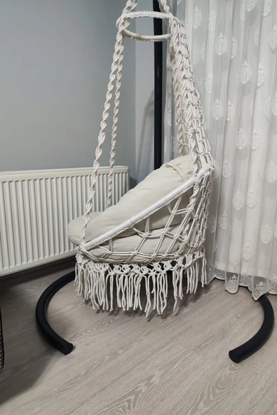 WOODSHUT Makrome Salıncak Minderli (KREM)-Askı Demiri ile - %100 El Işçiliği - Mis38002ka - 4