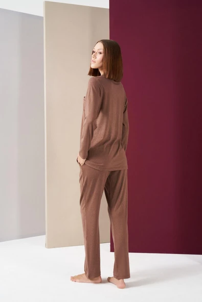 Pjs 26032 Kadın Boydan Düğmeli Patlı Uzun Kol Pijama Takım - 4
