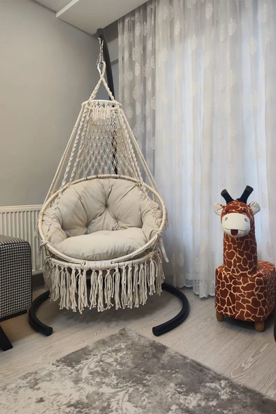 WOODSHUT Tek Kişilik Makrome Salıncak Minderli + Askı demiri ile (KREM) - Mis38106MA - 80x90 - 2