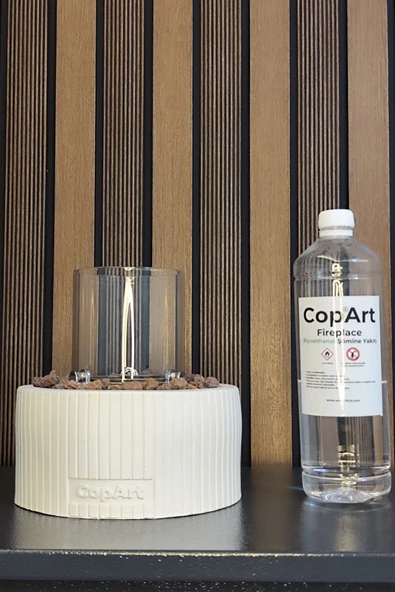 CopArt Alba Beyaz Biyoetanol Masaüstü Beton Şömine - 1 Lt Yakıt Ve Dekoratif Taş Hediye - 4
