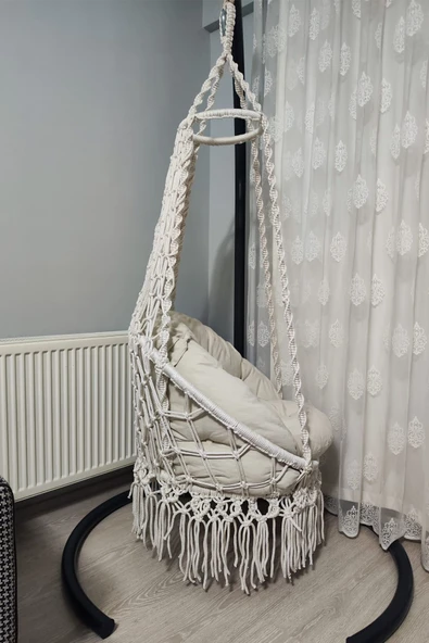 WOODSHUT Makrome Salıncak Minderli (KREM)-Askı Demiri ile - %100 El Işçiliği - Mis38002ka - 3
