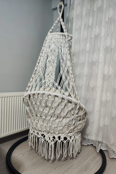 WOODSHUT Makrome Salıncak Minderli (KREM)-Askı Demiri ile - %100 El Işçiliği - Mis38002ka - 5