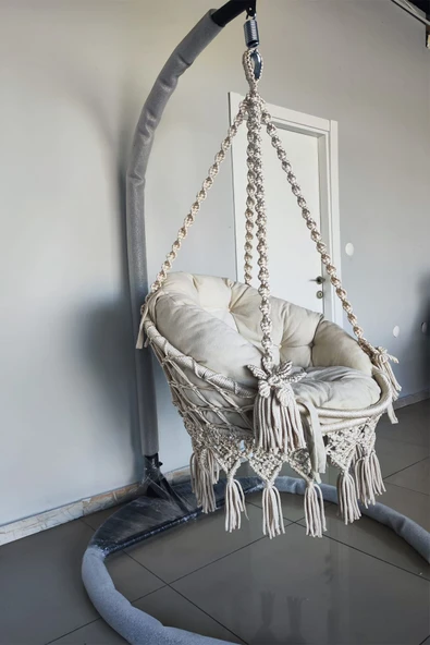 WOODSHUT Tek Kişilik Makrome Salıncak Mindersiz (KREM)- %100 El Işçiliği - Mis38016MS - 4
