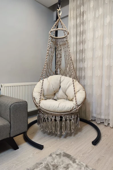 WOODSHUT Tek Kişilik Makrome El Örgüsü Salıncak (BEJ) Mis38002 ürün görseli