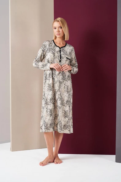 Pjs 26024 Kadın Patlı Dantel Detaylı Desenli Uzun Kol Gecelik - 2