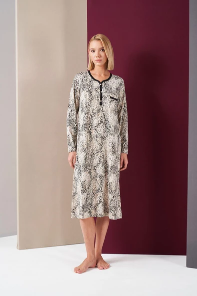 Pjs 26024 Kadın Patlı Dantel Detaylı Desenli Uzun Kol Gecelik