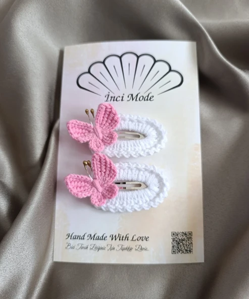 Kelebekli Çıtçıt Toka Pembe-Beyaz El Yapımı - Resim 2