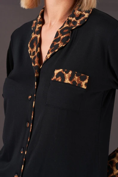 Pjs 26006 Kadın Patlı Boydan Düğmeli Leopar Desenli Uzun Kollu Pijama Takım - 5