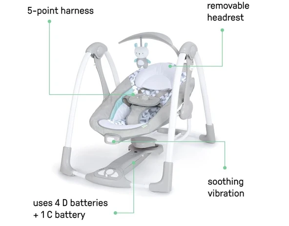 Ingenuity ConvertMe 2'si 1 Arada Kompakt Taşınabilir Bebek Salıncağı ve Bebek Koltuğu, Akülü Titreşimler, Otomatik Sallanma, Doğa Sesleri - 9 kg'a kadar - 5