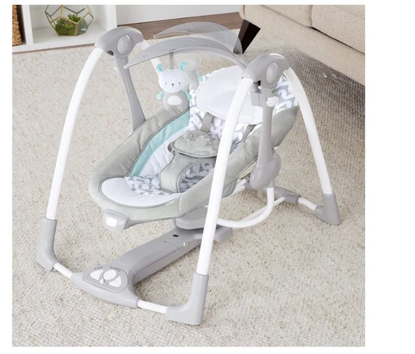 Ingenuity ConvertMe 2'si 1 Arada Kompakt Taşınabilir Bebek Salıncağı ve Bebek Koltuğu, Akülü Titreşimler, Otomatik Sallanma, Doğa Sesleri - 9 kg'a kadar - 7