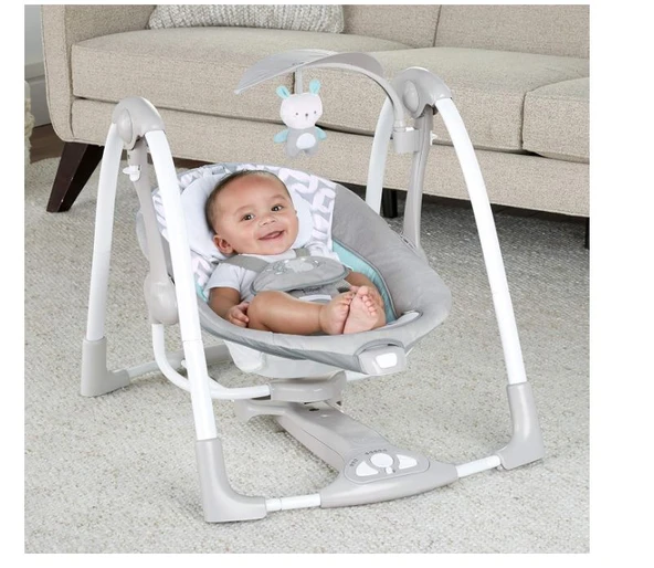 Ingenuity ConvertMe 2'si 1 Arada Kompakt Taşınabilir Bebek Salıncağı ve Bebek Koltuğu, Akülü Titreşimler, Otomatik Sallanma, Doğa Sesleri - 9 kg'a kadar - 6