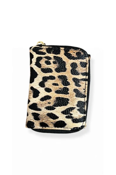 Genç Kahverengi Leopar Desenli Kağıt Para ve Kartlık Bölmeli Cüzdan. - Resim 2