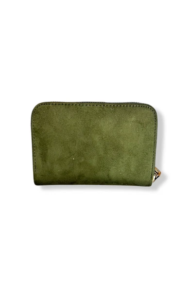 Kadın Haki Renkli Fermuarlı Ve Çıtçıtlı Kağıt Ve Bozuk Para Bölmeli Kadife Kumaşlı Cüzdan. - Resim 2