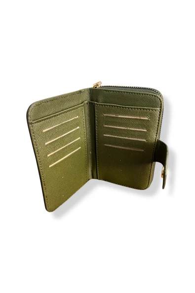 Kadın Haki Renkli Fermuarlı Ve Çıtçıtlı Kağıt Ve Bozuk Para Bölmeli Kadife Kumaşlı Cüzdan. - Resim 3