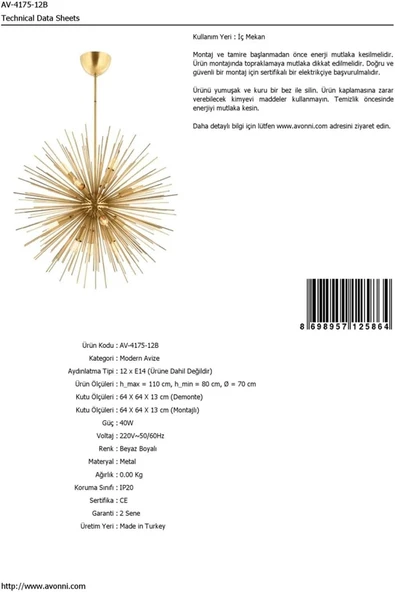 Avonni Av-4175-12B Gold Boyalı Modern Avize, E14, Metal, 70Cm - 5