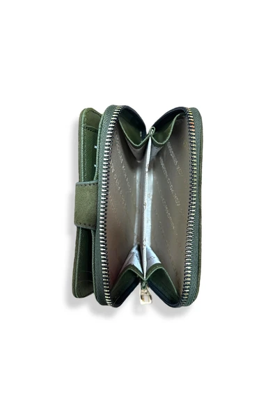 Kadın Haki Renkli Fermuarlı Ve Çıtçıtlı Kağıt Ve Bozuk Para Bölmeli Kadife Kumaşlı Cüzdan. - Resim 4