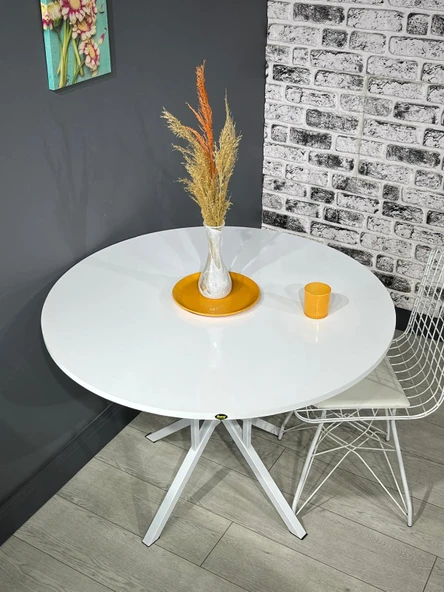 Selin Beyaz Yuvarlak Mutfak Masası Yemek Masası Balkon Masası Metal Beyaz Ayak 90 Cm - 4