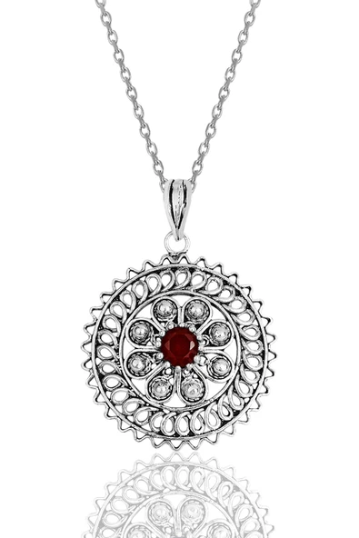 Gümüş kök yakut taşlı oksitli telkari işlemeli kolye SGTL11892KIRMIZI ürün görseli