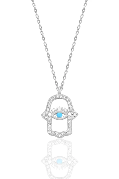 Gümüş rodyumlu turkuaz ve zirkon taşlı koruyucu hamsa el kolye SGTL12669RODAJ ürün görseli 1