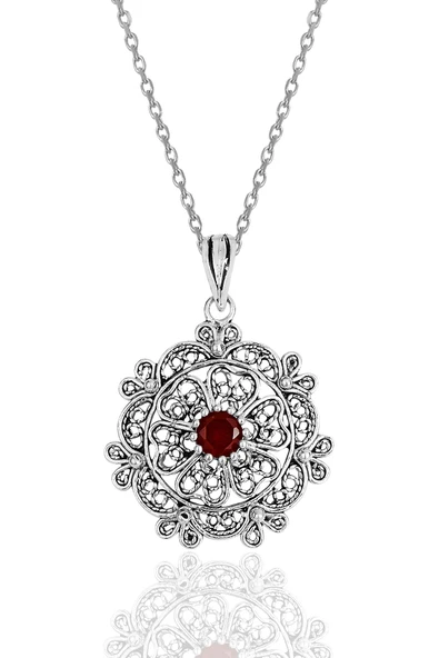 Gümüş kök yakut taşlı oksitli telkari işlemeli kolye  SGTL11894KIRMIZI