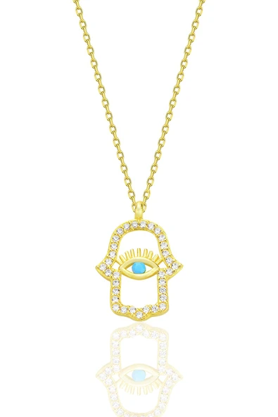 Gümüş altın yaldızlı turkuaz ve zirkon taşlı koruyucu hamsa el kolye SGTL12669GOLD - 1