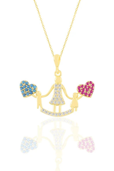 Gümüş altın yaldızlı kök yakut ve turkuaz taşlı kalpli anne ve çocuklar kolye SGTL11205GOLD ürün görseli