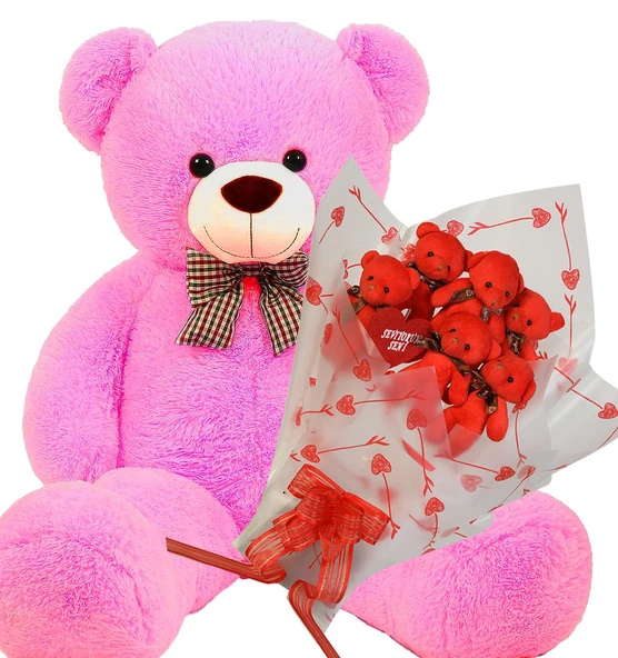 Sevimli 90 cm Peluş Ayı ile Premium Yumoş Kırmızı Peluş Ayıcık Buketi - 8