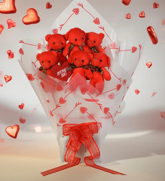 Sevimli 90 cm Peluş Ayı ile Premium Yumoş Kırmızı Peluş Ayıcık Buketi - 6