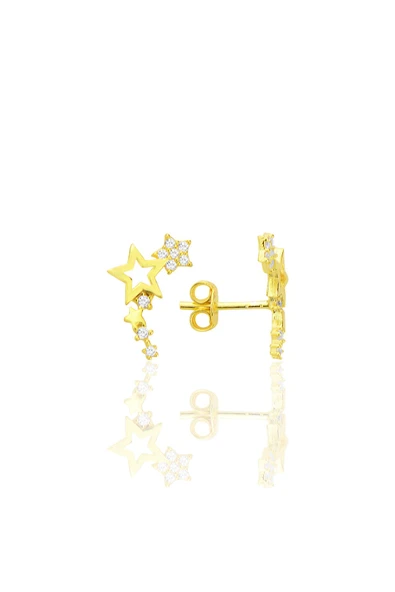 Gümüş altın yaldızlı zirkon taşlı kayan yıldızlar küpe SGTL12710GOLD - Resim 2